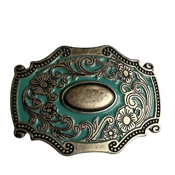 WESTERN vintage blue enameled inlay silver belt BUCKLE script floral studded - Picture 1 of 5
